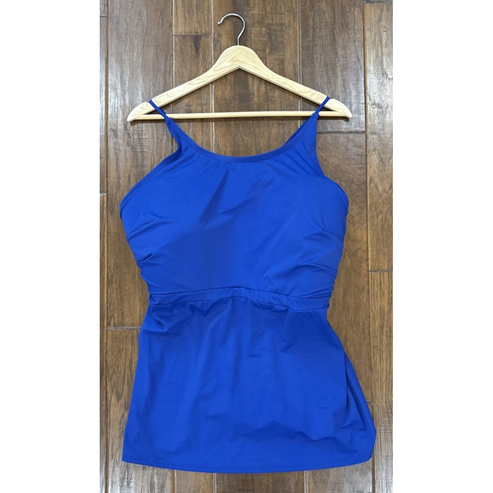 Cacique Swimsuit Tankini Top 26 Blue High Neck Built in Bra Adjustable Bathing